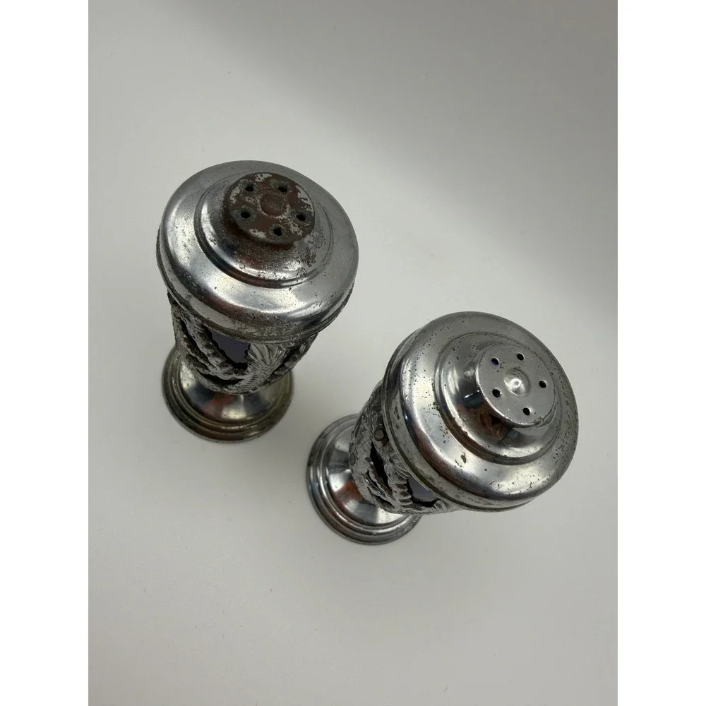 Vintage 1950s Japanese Dragon Salt Pepper Shaker Set Silver Cobalt Blue Glass